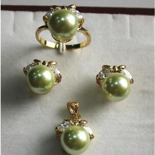 Jewelry Pearl Set fancy jewelry set 10mm green shell pearl,ring, pendant & stud earring Free Shipping