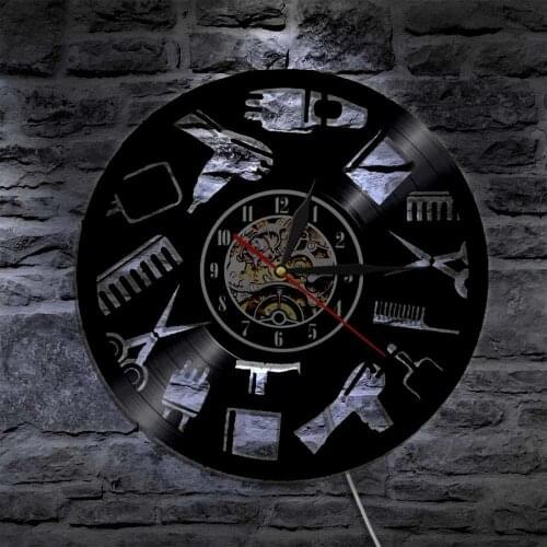 Hair Cut Tools Design Vinyl Record Wall Clock Fashion Beauty Salon Hairdressing Wall Art Clock Barber Shop Gift For Hairdresser