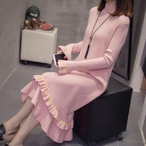 Autumn Winter Sweater Dress Large Size Womens 2019 New Long Section Half-high Collar Flare Sleeve Knit Dress Ruffle f2254