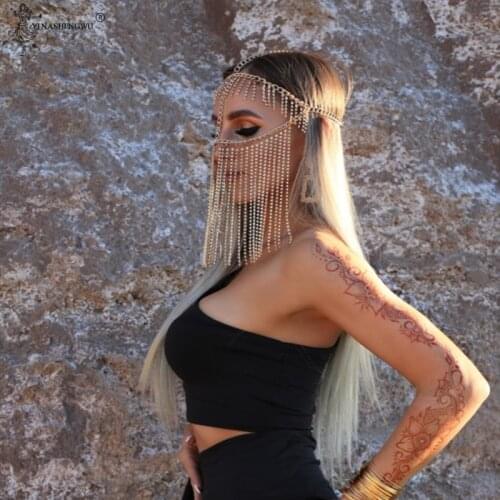 New Fashion Gold Color Veil Masks Headband Metal Long Tassel Head Chain Party Show Hair Accessories Headpiece Jewelry For Women