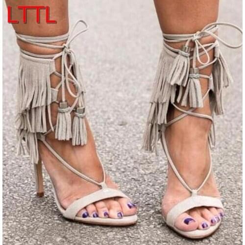 Shoes Gray suede leather Sandals lace up shoes charming ankle fringes sandals strap design open toe tassels thin heel