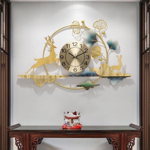 Modern Wrought Iron Landscape Ginkgo Leaf Deer Wall Clocks Home Background Wall Mural Crafts Store Lobby Wall Hanging Decoration