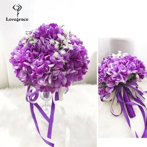 Lovegrace Wedding Bouquet White Hydrangea Bridal Bridesmaids Bouquets Purple Flowers Artificial Marriage Home Decoration Flowers