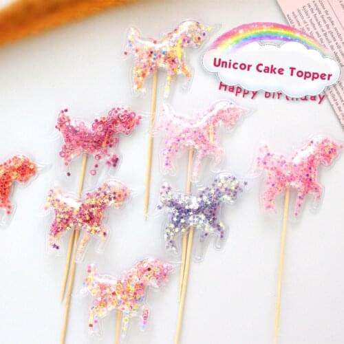 5pcs Sequin Unicorn Star Cake Topper PVC Clear Cupcake Topper For Kids Birthday Party Baby Shower Favor Cake Decorating Supplies