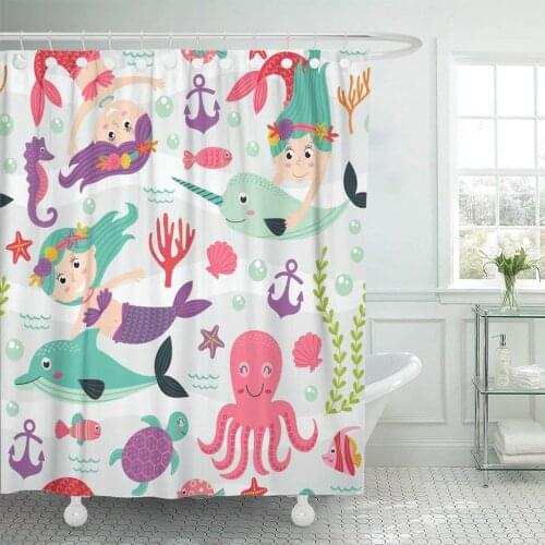 Colorful Girl Mermaid and Marine Animals Ocean Pattern Shell Shower Curtain Waterproof Polyester Fabric 60 x 72 Inches Set