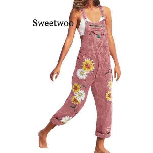 Women Long Trousers Print Denim Jumpsuit Romper Overalls Straps Jumpsuit Autumn Ladies Casual Loose Plus Size Jumpsuits