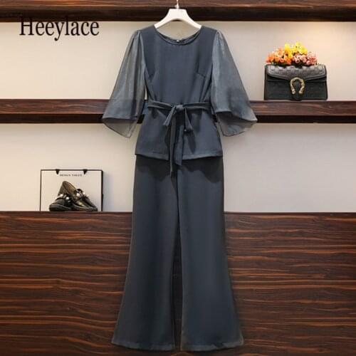 Plus Size 2021 Summer Office Lady Suit Shirt Top And Flares Pant Two-piece Women Elegant Big Set Smart Casual Matching Outfits