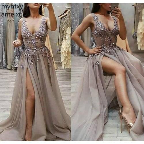 2020 New Hot Dark Gray Light Brown Sexy Prom Dress A Line Deep V Neck Long Formal Evening Party Gown Custom Made Plus Size Prom