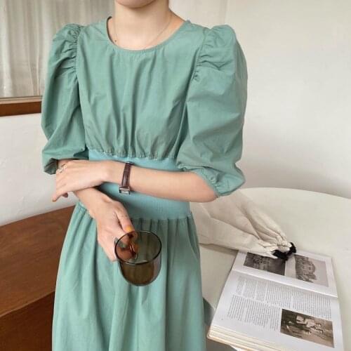 Bella Philosophy 2021 New Summer Korean Chic Style Elegant Womens Dress O Neck Puff Short Sleeve High Waist Tunic Midi Dress