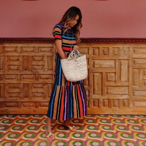 1 Pcs Women Short Sleeve Stripe Printing Round Collar Dress Fashion for Summer NOV99