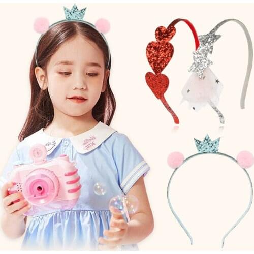 1 PC Glitter Red Heart Shape Headband Silver Star Hair Band Crown Tiaras Pompom Headwear For Princess Girls Cute Hair Accessory