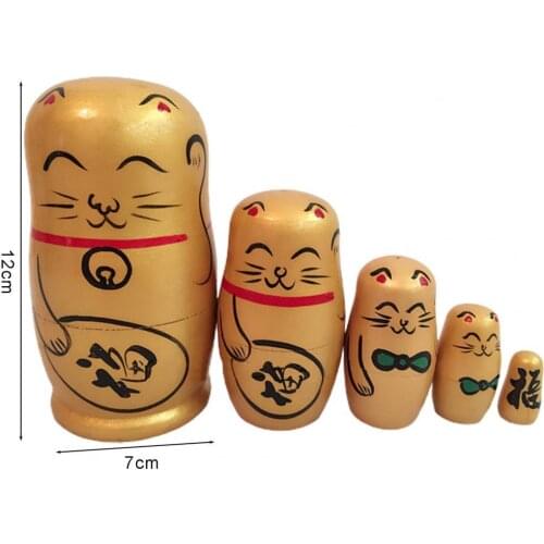 5Pcs/Set Nesting Dolls Hand-painted Home Decoration Wood Lucky Cat Matryoshka Gift Puzzle Toy Russian Five-Layer Creative Craft