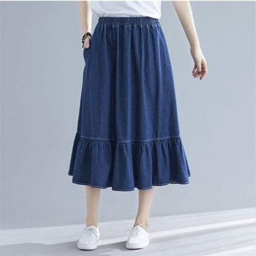 Brand 2020 Autumn Ruffled denim skirt,fashion Korean Ladies High Waist Pleated cotton jeans skirts,Plus size skirts 5xl 6xl 7xl