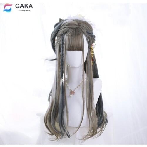 GAKA 26 Inch Long Synthetic Gradient Grey Wigs for Women Straight Cosplay Wigs with Bangs Natural Heat Resistant Party Hair
