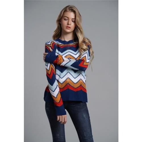 H80&S90 New Elegant Multi Women Knitwear Long Sleeve O-Neck Sweater Pullover Stripe Rainbow Ladies' Fashion Tops