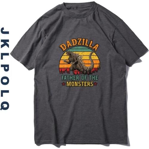 JKLPOLQ Oversized Mens T Shirts Casual 100% Cotton Tops Dadzilla Father Of The Monsters Printing Dads Clothing Eu Size XS-3XL