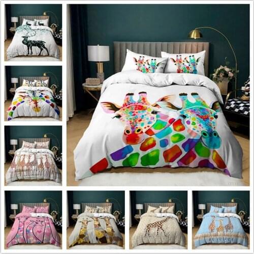Colorful Giraffe Duvet Cover Set Watercolor Animals Bed Decor Bedclothes 2/3 Pcs Giraffe Bedding Set for Girls Boys Kids Gift