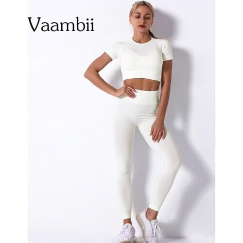 Two Pieces Set Tracksuits Women Tights T-shirts With Short Sleeves Seamless Clothing Female Training Fitness Suit Yoga Wear