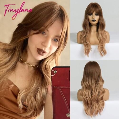 TINY LANA Long Wavy Synthetic Wigs With Side Bangs Omber Dark Brown Color Natural Wigs for women Party Cosplay Heat Resistant
