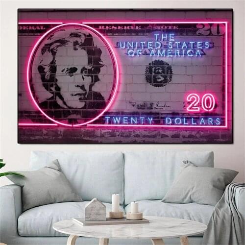 Funny Dollar bills and Neon lights Art Canvas Painting Street Graffiti Wall Art Poster For Living room office Home Decor Mural