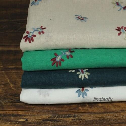 Original design small floral pure linen embroidered fabric, shirt robe dress fabric