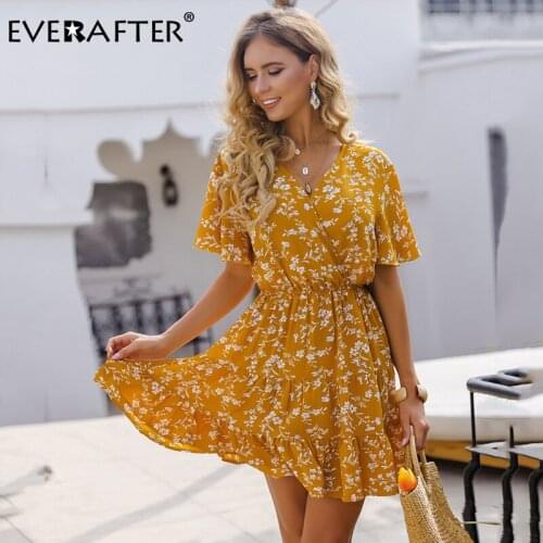 EVERAFTER Boho floral print dress women summer v-neck short sleeve ruffles high waist sundress holiday beach chiffon dresses