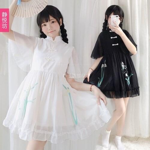 Japanese improved ancient style dress womens summer new Chinese elements soft girl chiffon dress daily lolita