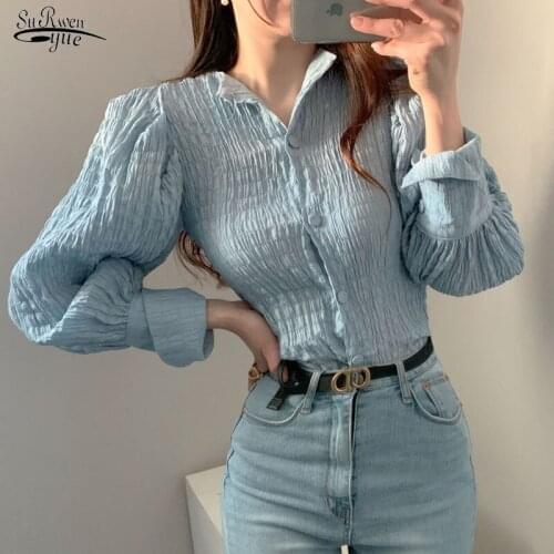 Chic Pleated Slimming Bezel Buckle Lantern Sleeve Shirt Long Sleeve Blouse Women Shirt Women Blouses Fashion 2020 Autumn 10993