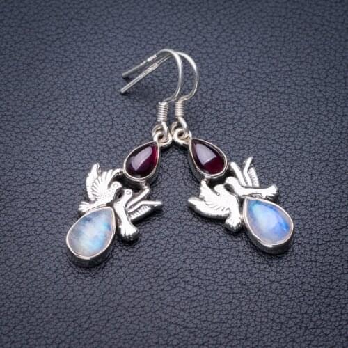 StarGems Natural Rainbow Moonstone And Amethyst Pigeon Handmade 925 Sterling Silver Earrings 1.75" E0882