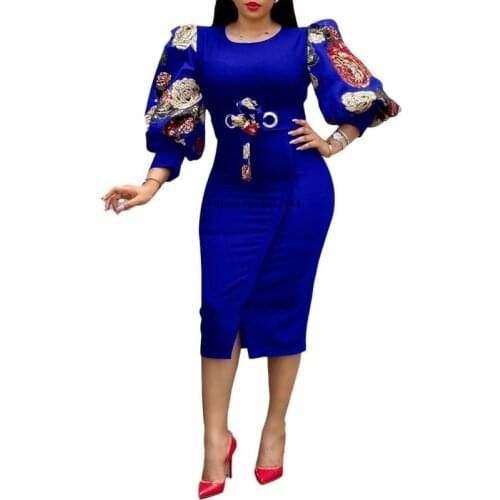 Vintage Blue Office Bodycon Dress Women Ruffle Cocktail Party Dresses Plus Size Long Sleeve Elegant African Midi Vestidos 3XL
