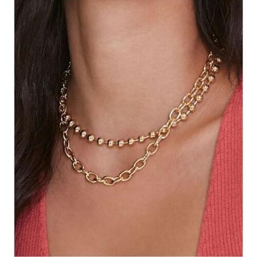 Vintage Gold Beads Metal Chain Necklace For Women Double Layer Thick Chain Statement Jewelry Party Gifts Collar Punk Chokers