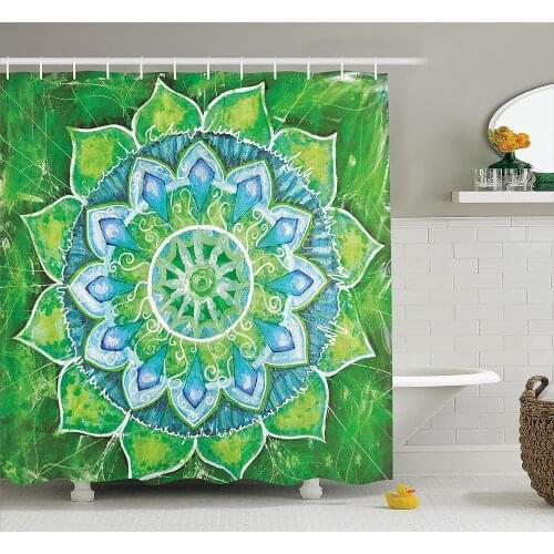 Mandala Shower Curtain Decor Grand Mandala with Leaf Forms Symbol of Nature and Zen Green Decor Boho Style Bathroom Curtains
