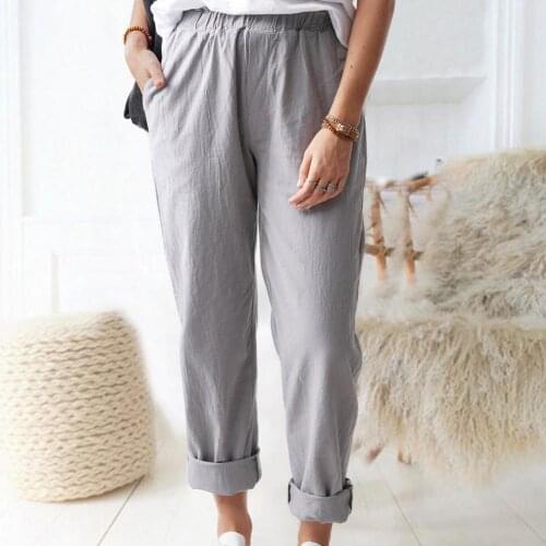 2021 Womens Hemp Pants Mid-rise Cropped Europe And America Summer New Leisure Solid Color Straight Trousers Fashion Loose Tie