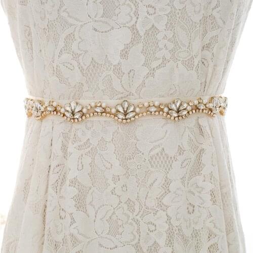 SESTHFAR Thin Crystal Wedding Belt Pearls Bridal Belt Gold Thin Rhinestones Wedding Dress Sash For Accesories
