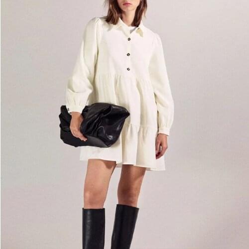 Ladies Pure Color High Quality Corduroy Dress Long Sleeve Mini Dress Fashion Casual Dress