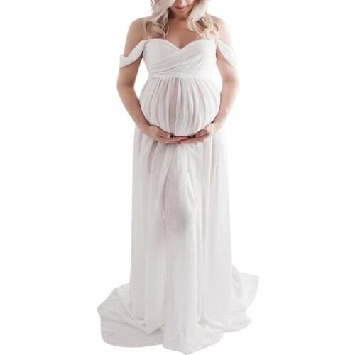 Women Off Shoulder Pregnants Sexy Photography Ruffled Nursing Long Dress Maternity Short Sleeve Long Shoulder Dress L1230