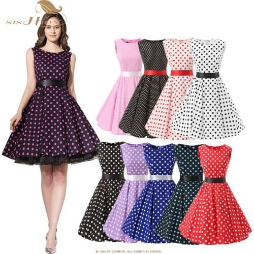 SISHION 50s 60s Polka Dot Vintage Dress VD0110 Sleeveless Floral Print Large Swing Pink Blue Women Retro Rockabilly Cotton Dress