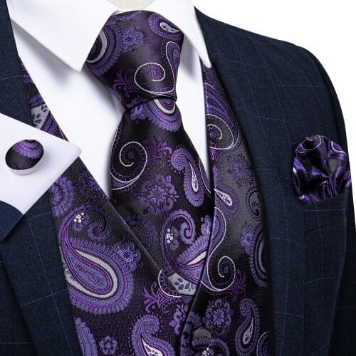Fashion Purple Paisley Dress Vest For Men Slim Fit Mens Suit Vest Necktie Set Male Waistcoat Sleeveless Formal Vest DiBanGu