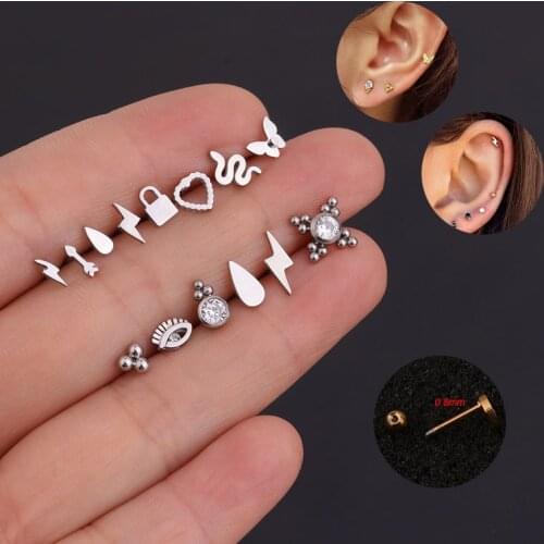 2Pcs 20G 100% Stainless Steel Snake Cartilage Stud Earring Cubic Zirconia Helix Tragus Conch Screw Back Earring Piercing Jewelry
