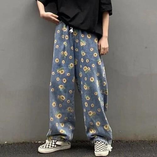 2021mens Fashion Trend Trousers High Streetwear Casual Pants Daisy Full Printing Loose Jeans Blue Color Wide Leg Pants S-3XL