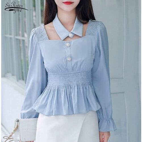 2021 Casual Elegant Solid Pleated Women Blouse Autumn Puff Long Sleeve Chiffon Shirt for Women Blue Pullover Ladies Tops 11044