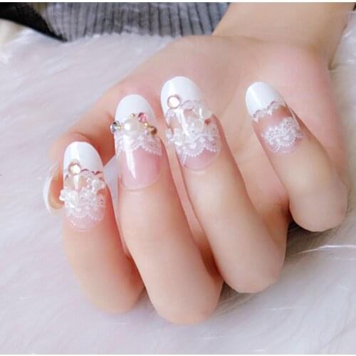 24 Pcs/Set Women Lady 3D False Nails With Glue Transparent Lace Designed Full Wrapped Tips Wedding Bride Fake Nail SSwel