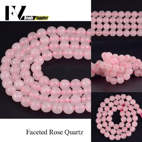 4 6 8 10 12mm Faceted Rose Pink Quartz Crystal Beads Natural Stone Round Beads for Diy Jewelry Making Bracelet Accessories 15"