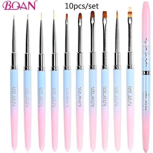BQAN 9/10 PCS Nail Brush UV Gel Extension Brush Pink Blue Handle Liner Painting Brush Liner Drawing Nail Brushes Nail Art Tools