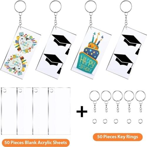 Acrylic Keychain Blanks with Key Rings Rectangle Clear Discs Charms Transparent Circles Set for DIY Projects R7RF