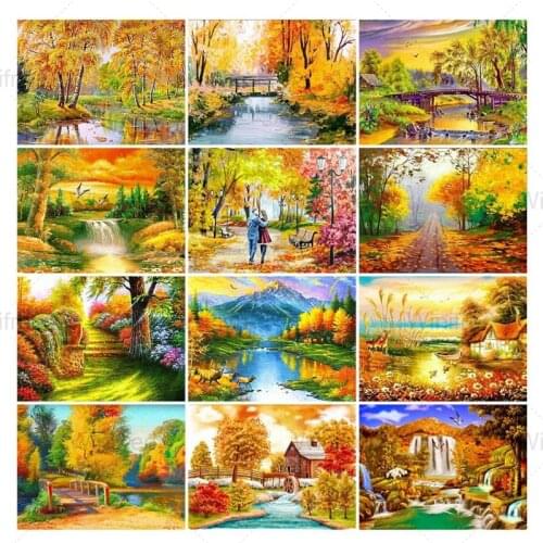 5D Diamond Painting Cross Stitch Beautiful Golden Autumn Nature Landscape Full Diamond Embroidery Kit Mosaic Picture Home Decor