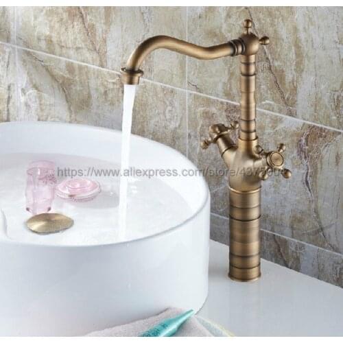 Antique Brass Bathroom Sink Faucet Basin Mixer Tap Double Cross Head Handle Single Hole Hot and Cold Water Nsf081
