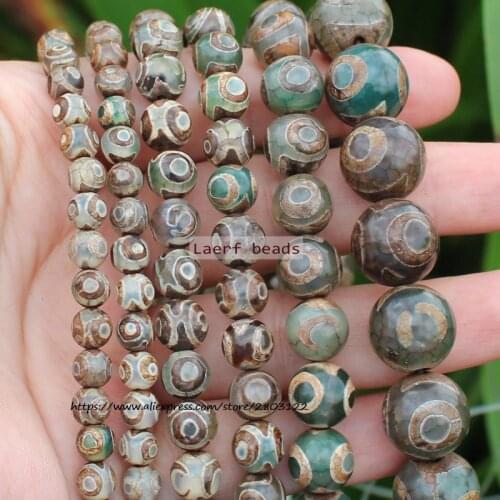 Natural Ancient Dzi Agate Green 3EYES 6-14mm Round space beads, For DIY Necklace Bracelet Jewelry Making