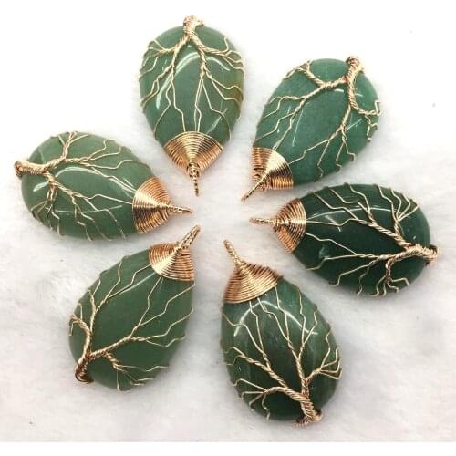 Teardrop green aventurine Stone Crystal Gold Color Wire Wrap Handmade Tree of Life Drop Shape Natural Pendants