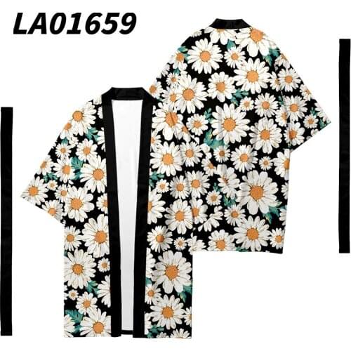 Oversize 6XL Daisy Printed Long Style Japanese Kimono Cardigan With Belt Couple Women Men Casual Asian Clothes Harajuku